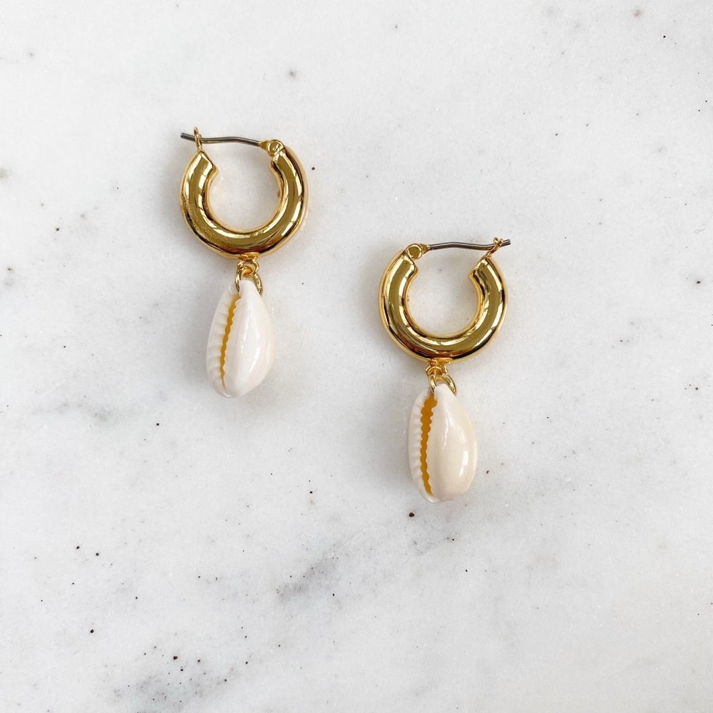 Cowrie Shell Drop Huggie Hoop Earrings - Picture 2 of 9